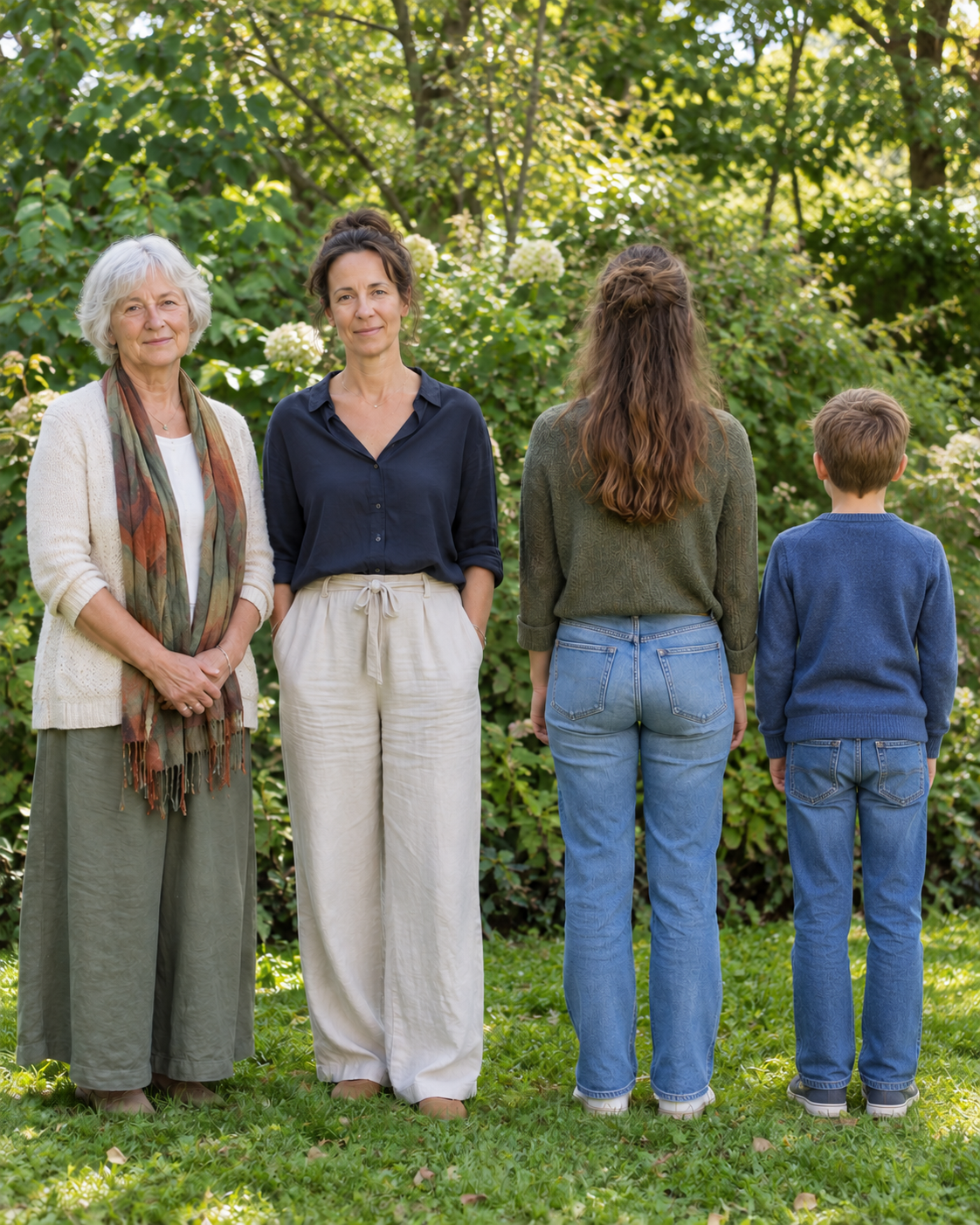Fiktive Teilnehmerinnen und ein Junge in einer Aufstellung im Garten; die Begriffe zeigen beispielhafte Themen über Generationen hinweg, keine Diagnose.